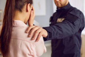 Portrait of a woman crime victim standing back covering face with hands and crying and a policeman putting his hand on her shoulder to support her